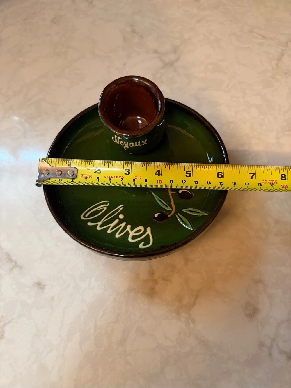 VINTAGE POTTERY- Green Olive Serving Dish with Tooth Pick Cup & Wooden Forks